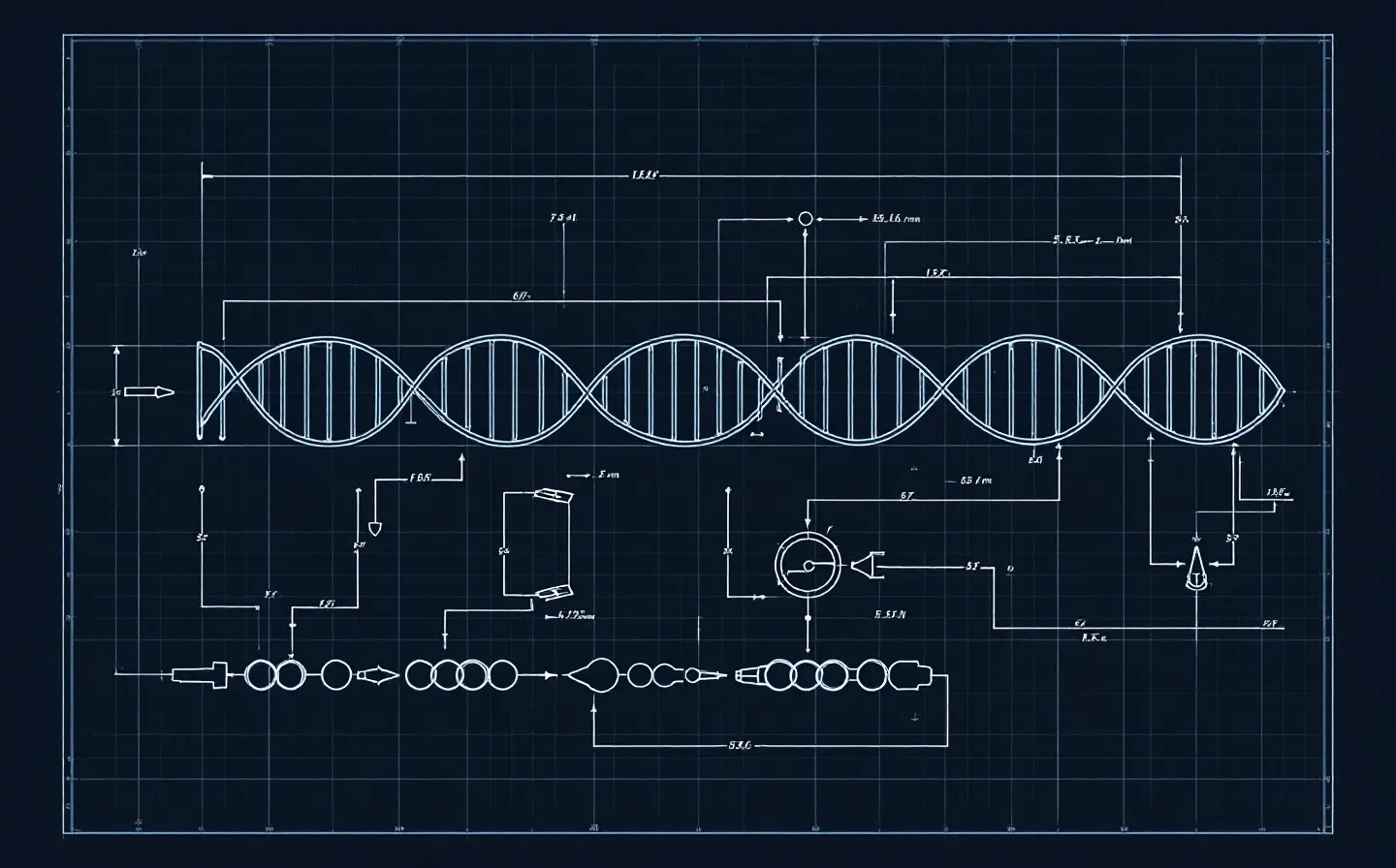 Blueprint-style schematic of a peptide chain meeting three receptor sites